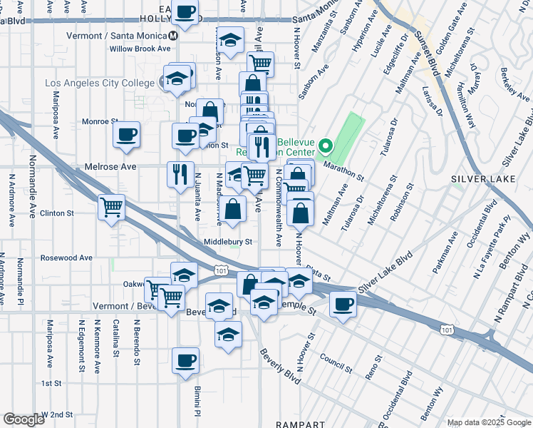 map of restaurants, bars, coffee shops, grocery stores, and more near 565 North Virgil Avenue in Los Angeles