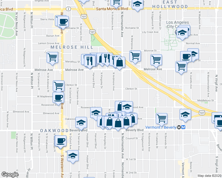 map of restaurants, bars, coffee shops, grocery stores, and more near 555 North Ardmore Avenue in Los Angeles