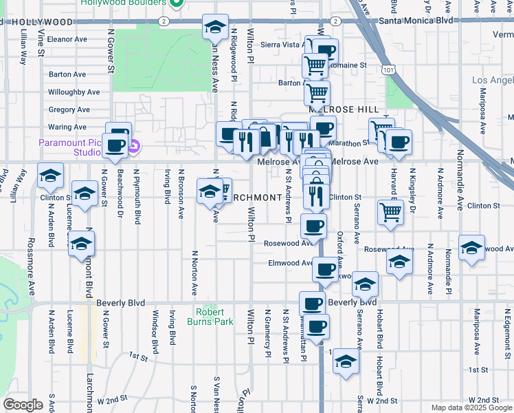map of restaurants, bars, coffee shops, grocery stores, and more near 540 North Gramercy Place in Los Angeles