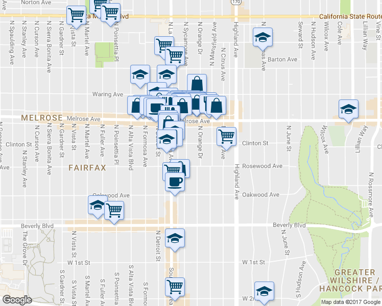 map of restaurants, bars, coffee shops, grocery stores, and more near 540 North Sycamore Avenue in Los Angeles