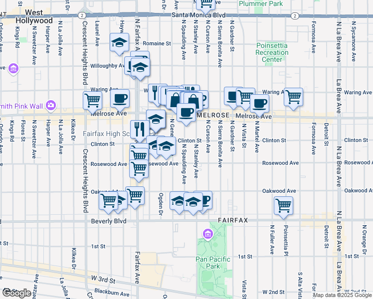 map of restaurants, bars, coffee shops, grocery stores, and more near 545 North Spaulding Avenue in Los Angeles