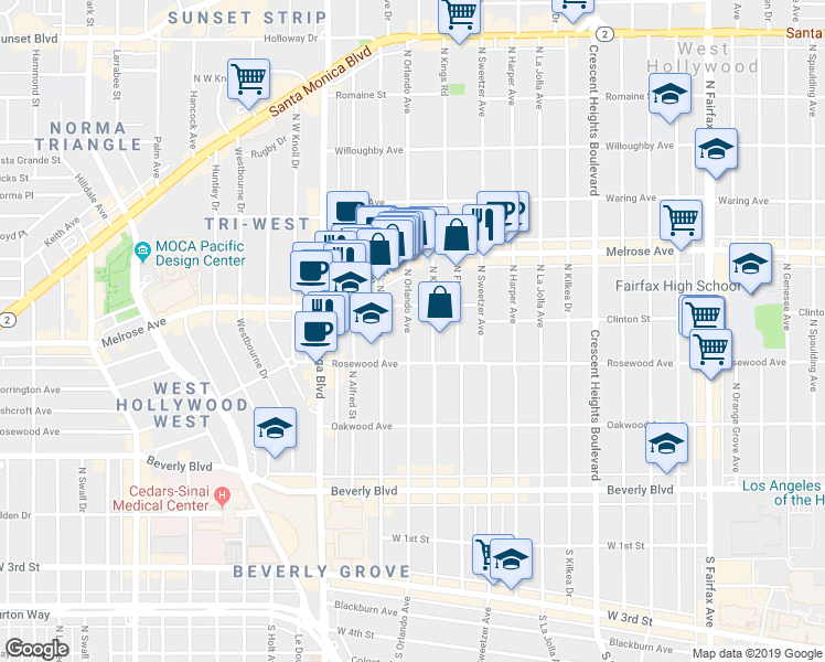 map of restaurants, bars, coffee shops, grocery stores, and more near 547 Kings Road in West Hollywood