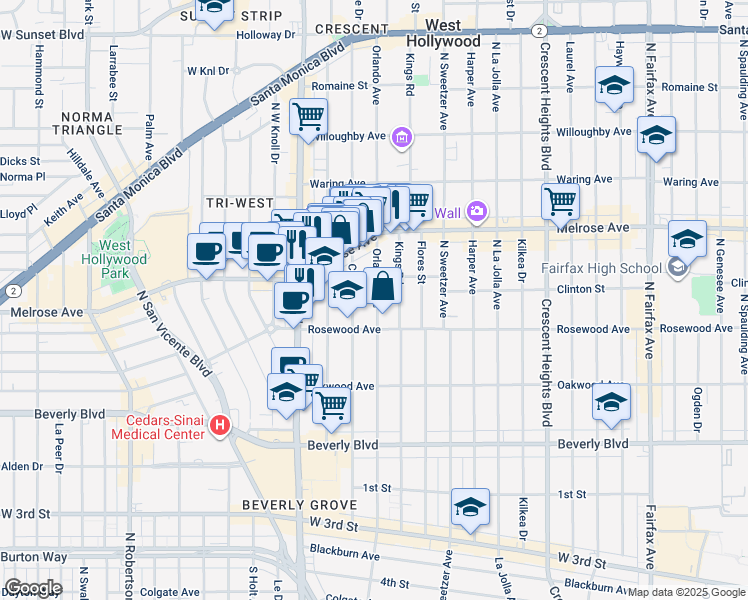 map of restaurants, bars, coffee shops, grocery stores, and more near 548 North Croft Avenue in West Hollywood
