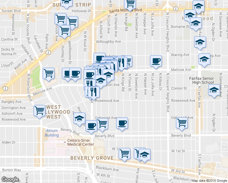 map of restaurants, bars, coffee shops, grocery stores, and more near 548 North Croft Avenue in West Hollywood