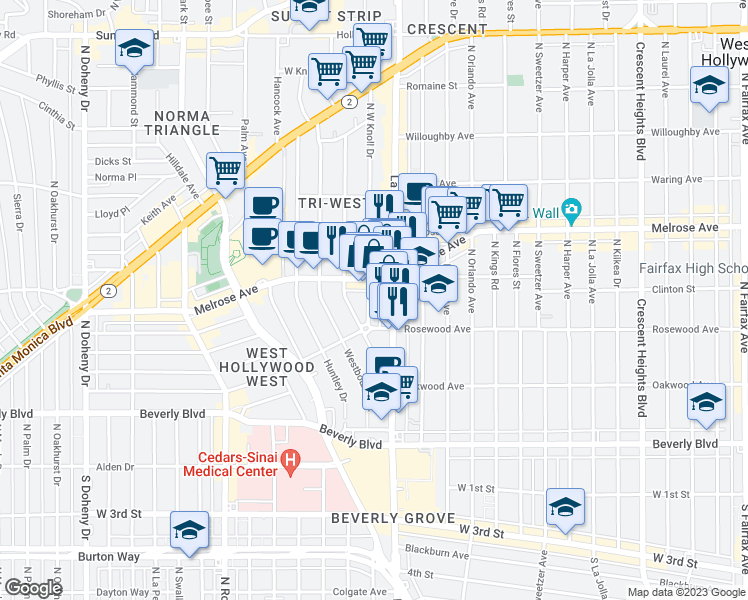 map of restaurants, bars, coffee shops, grocery stores, and more near 603 La Cienega Boulevard in West Hollywood