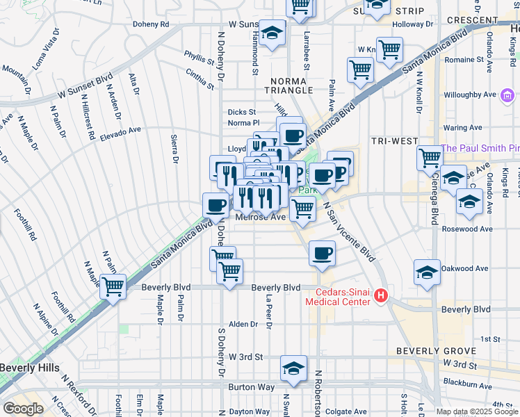 map of restaurants, bars, coffee shops, grocery stores, and more near 620 North Almont Drive in Los Angeles