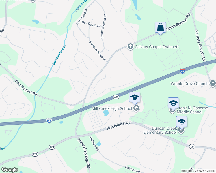 map of restaurants, bars, coffee shops, grocery stores, and more near 4486 Water Mill Drive in Buford