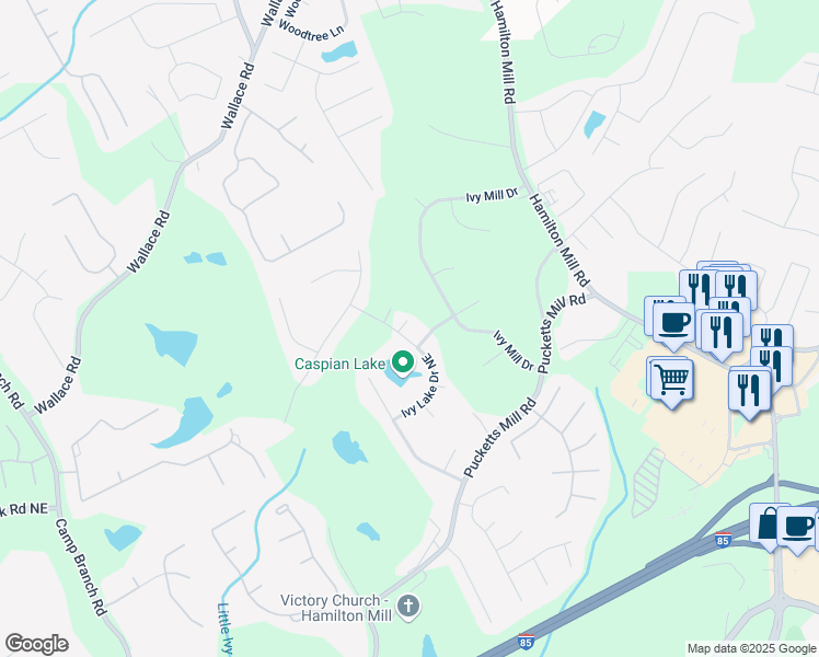 map of restaurants, bars, coffee shops, grocery stores, and more near 3335 Ivy Lake Drive Northeast in Buford