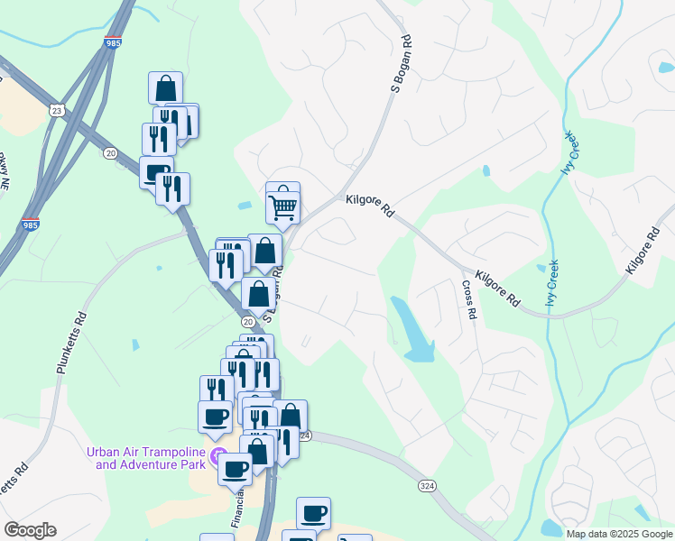 map of restaurants, bars, coffee shops, grocery stores, and more near 3476 Harvest Ridge Lane Northeast in Buford