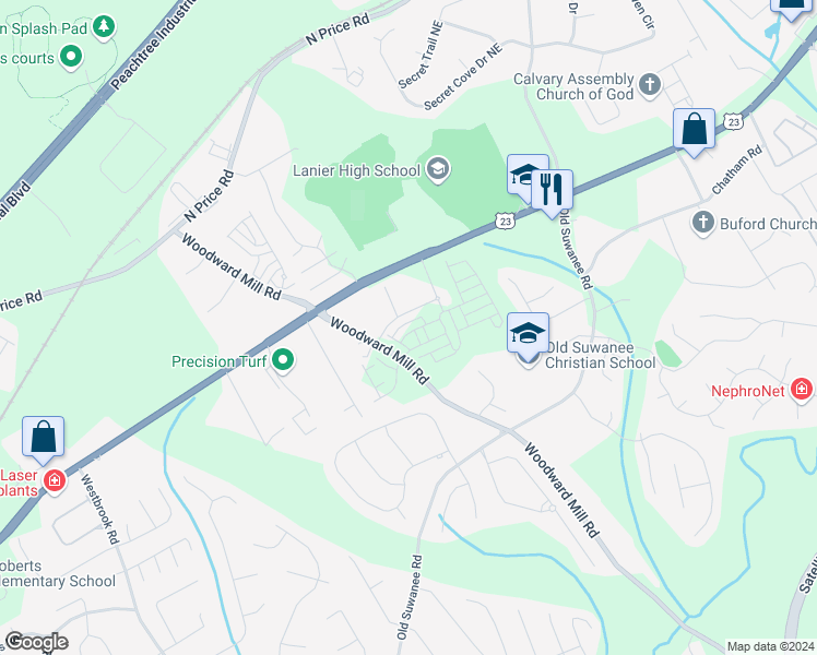 map of restaurants, bars, coffee shops, grocery stores, and more near 4271 Woodward Mill Road in Sugar Hill