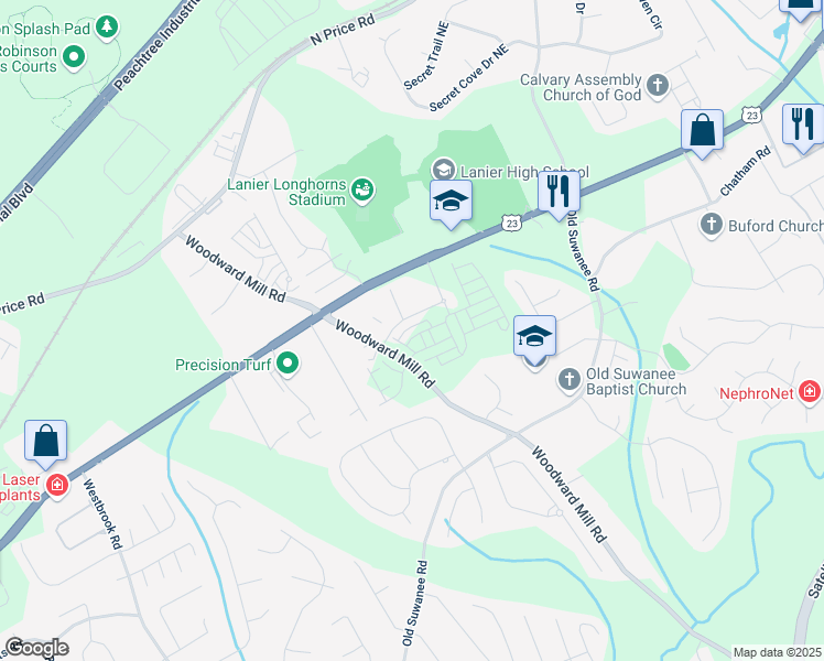 map of restaurants, bars, coffee shops, grocery stores, and more near 1116 Larkin Drive in Buford