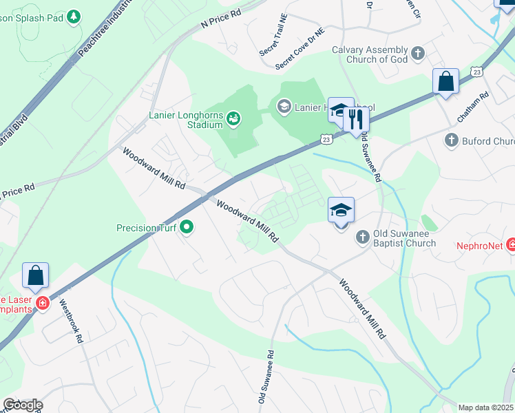 map of restaurants, bars, coffee shops, grocery stores, and more near 4271 Woodward Mill Road in Sugar Hill