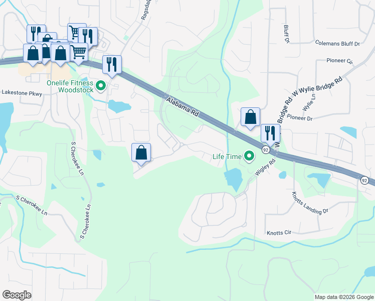 map of restaurants, bars, coffee shops, grocery stores, and more near 500 Hillside Trail in Woodstock