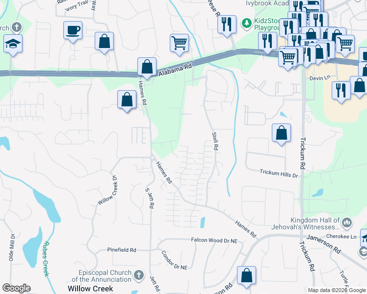 map of restaurants, bars, coffee shops, grocery stores, and more near 441 West Oaks Trail in Woodstock