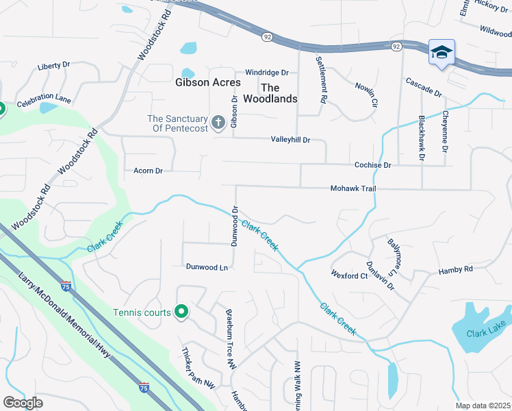 map of restaurants, bars, coffee shops, grocery stores, and more near 355 Clark Creek Pass in Acworth