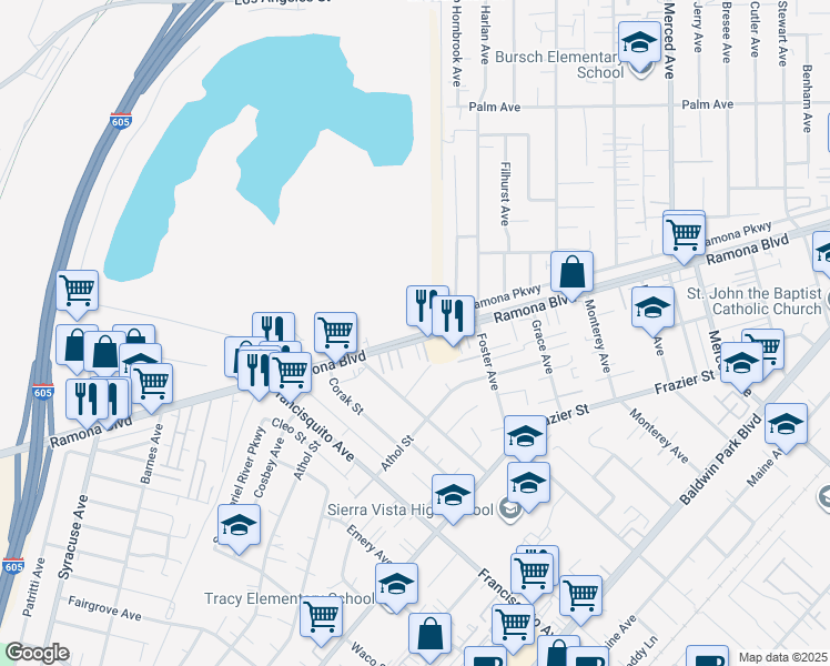 map of restaurants, bars, coffee shops, grocery stores, and more near in Irwindale