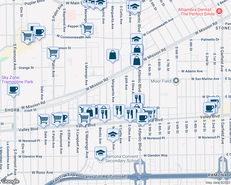map of restaurants, bars, coffee shops, grocery stores, and more near 901 Marguerita Avenue in Alhambra