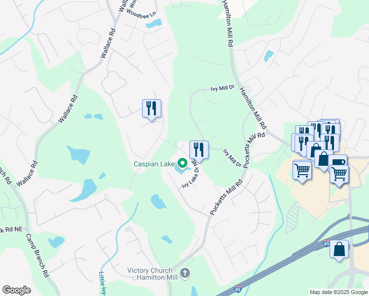 map of restaurants, bars, coffee shops, grocery stores, and more near 3335 Ivy Lake Drive Northeast in Buford