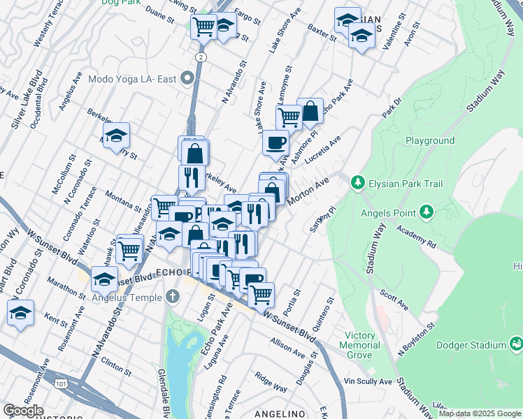 map of restaurants, bars, coffee shops, grocery stores, and more near 1624 Delta Street in Los Angeles