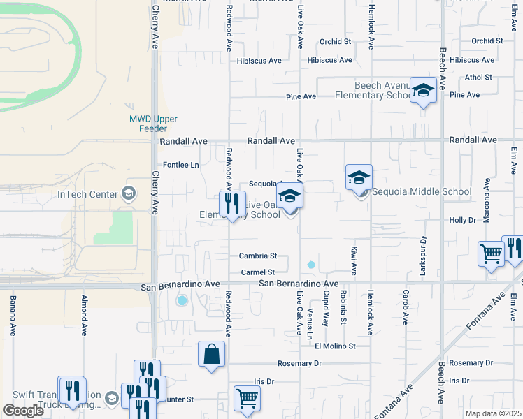 map of restaurants, bars, coffee shops, grocery stores, and more near 9472 Dracena Court in Fontana