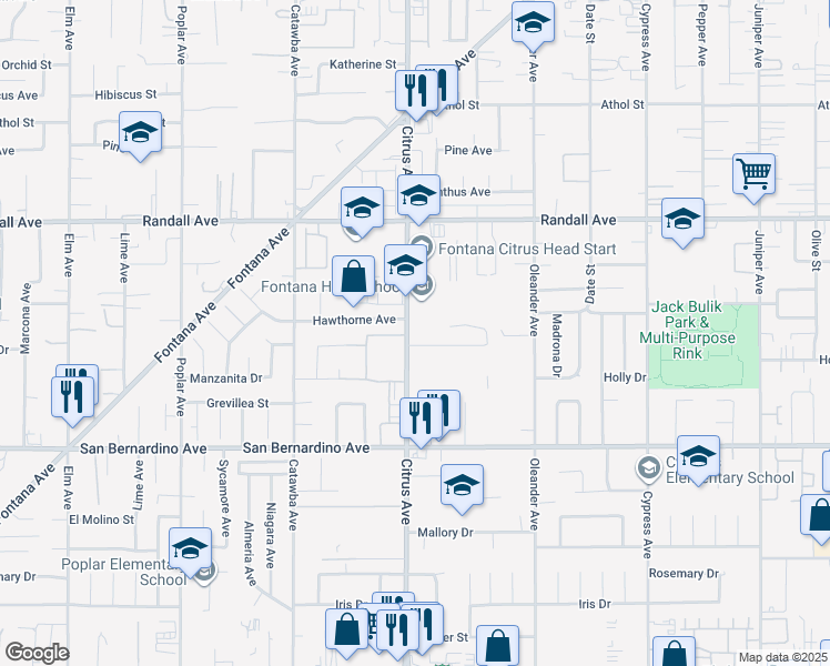 map of restaurants, bars, coffee shops, grocery stores, and more near 9453 Citrus Avenue in Fontana