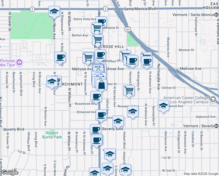 map of restaurants, bars, coffee shops, grocery stores, and more near 546 North Oxford Avenue in Los Angeles