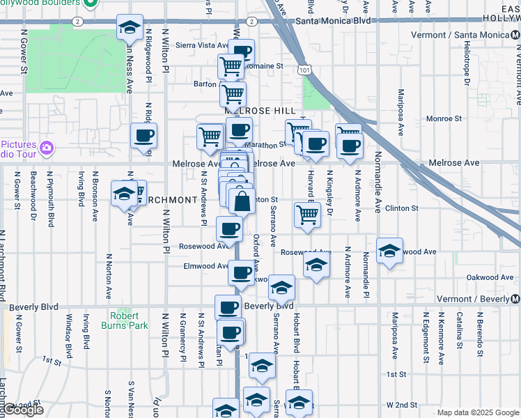 map of restaurants, bars, coffee shops, grocery stores, and more near 546 North Oxford Avenue in Los Angeles