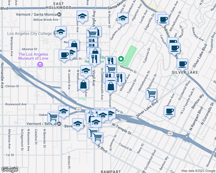 map of restaurants, bars, coffee shops, grocery stores, and more near 563 North Hoover Street in Los Angeles