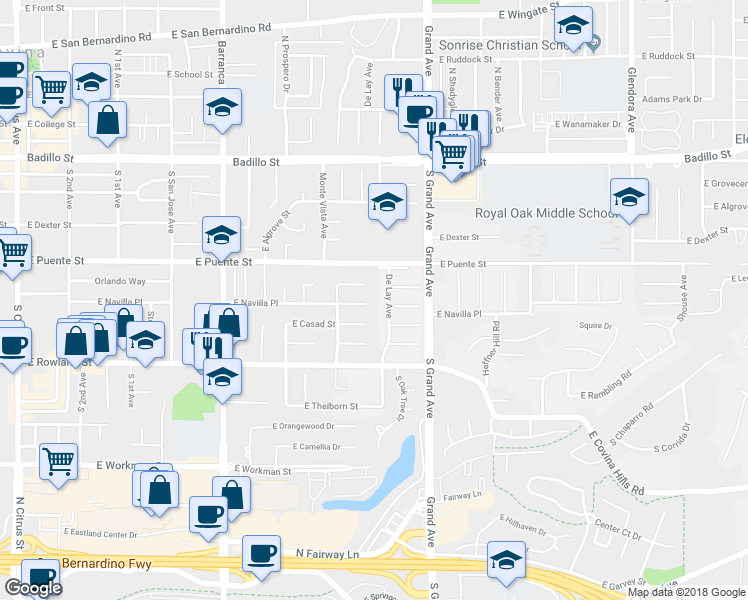 map of restaurants, bars, coffee shops, grocery stores, and more near 781 East Navilla Place in Covina