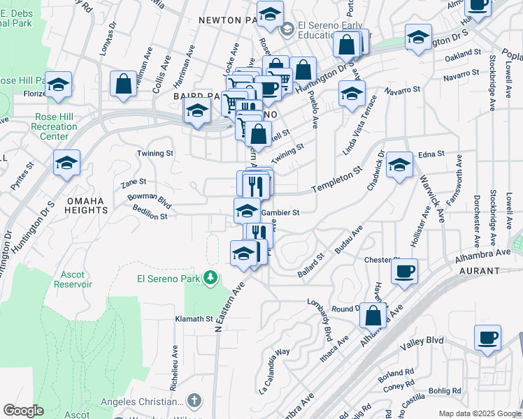 map of restaurants, bars, coffee shops, grocery stores, and more near 3104 North Eastern Avenue in Los Angeles