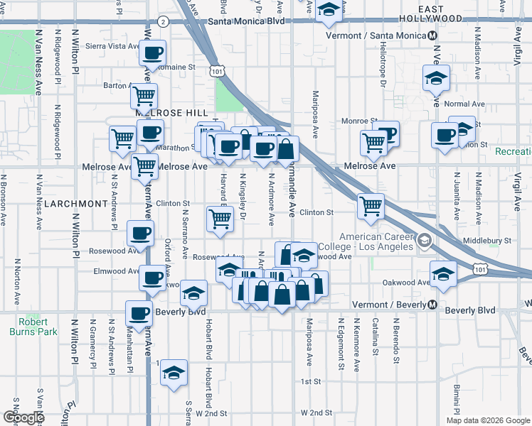 map of restaurants, bars, coffee shops, grocery stores, and more near 555 North Ardmore Avenue in Los Angeles