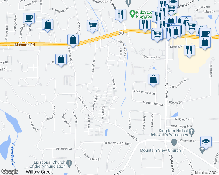 map of restaurants, bars, coffee shops, grocery stores, and more near 930 West Oaks Drive in Woodstock