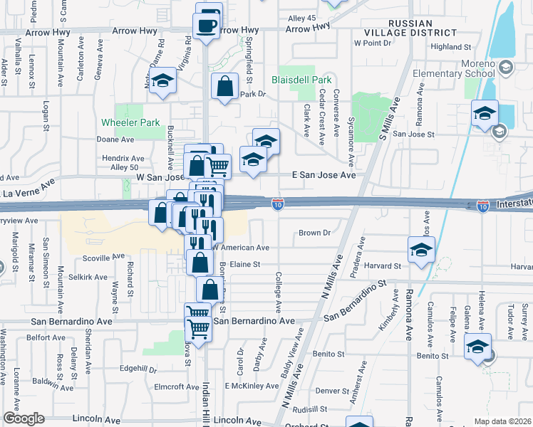 map of restaurants, bars, coffee shops, grocery stores, and more near 807 Drake Avenue in Claremont