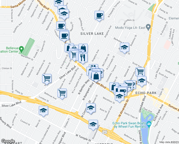 map of restaurants, bars, coffee shops, grocery stores, and more near 2719 Sunset Boulevard in Los Angeles