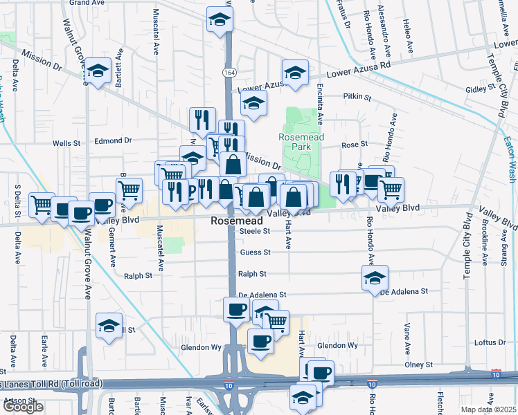 map of restaurants, bars, coffee shops, grocery stores, and more near 9049 Valley Boulevard in Rosemead