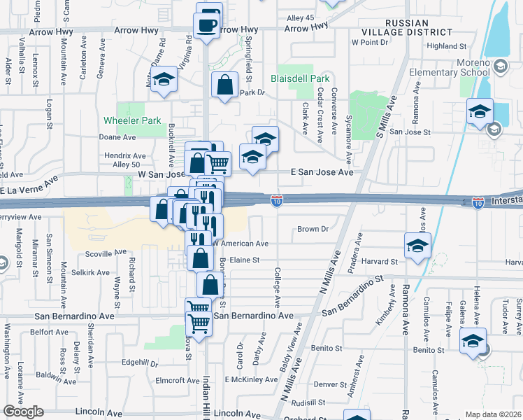 map of restaurants, bars, coffee shops, grocery stores, and more near 811 Drake Avenue in Claremont