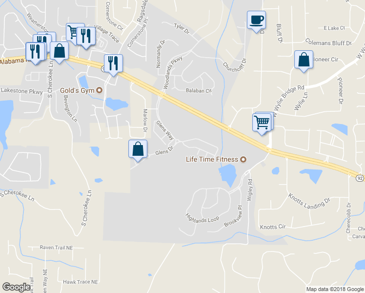 map of restaurants, bars, coffee shops, grocery stores, and more near 500 Hillside Trail in Woodstock