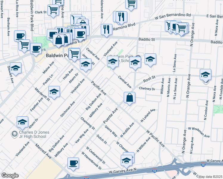 map of restaurants, bars, coffee shops, grocery stores, and more near 1418 Alpine Circle in Baldwin Park