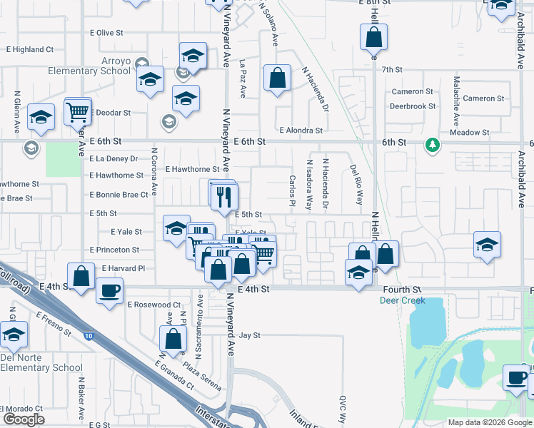 map of restaurants, bars, coffee shops, grocery stores, and more near 2015 East 5th Street in Ontario
