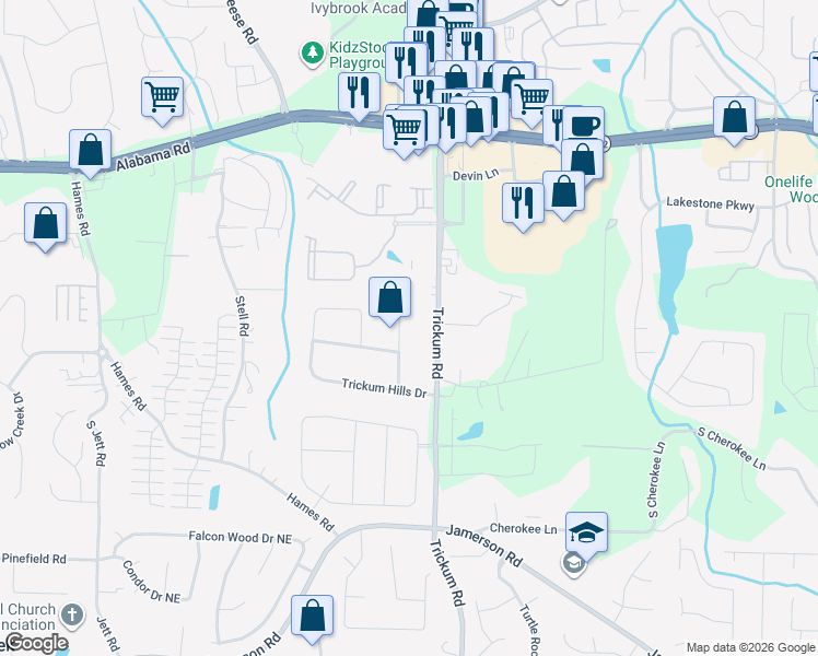 map of restaurants, bars, coffee shops, grocery stores, and more near 314 Trickum Hills Way in Woodstock