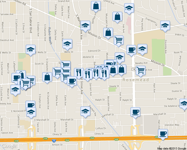 map of restaurants, bars, coffee shops, grocery stores, and more near 8711 Valley Boulevard in Rosemead