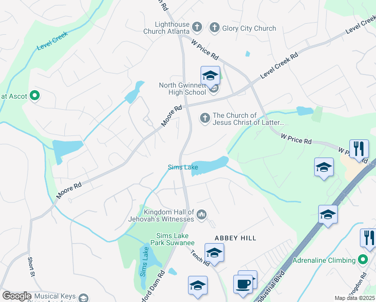 map of restaurants, bars, coffee shops, grocery stores, and more near 225 Bayswater Drive in Suwanee