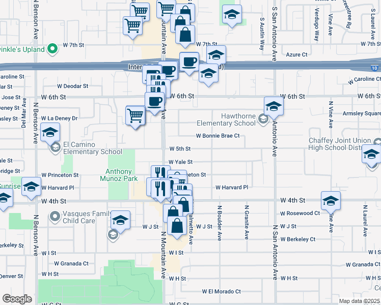 map of restaurants, bars, coffee shops, grocery stores, and more near 966 West 5th Street in Ontario
