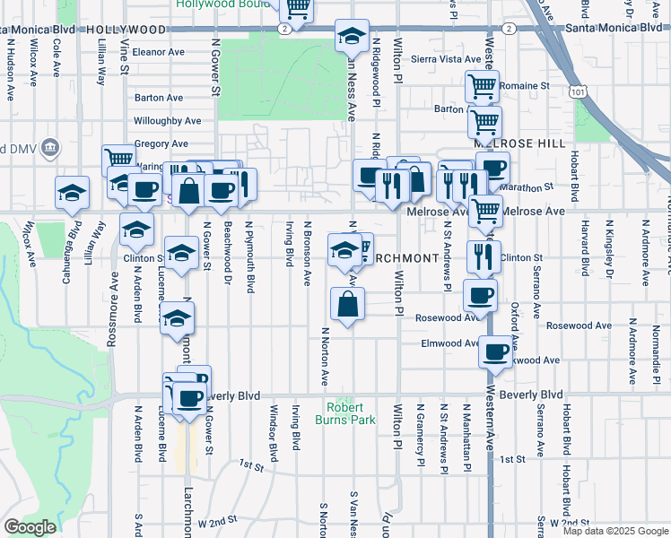 map of restaurants, bars, coffee shops, grocery stores, and more near 5210 Clinton Street in Los Angeles