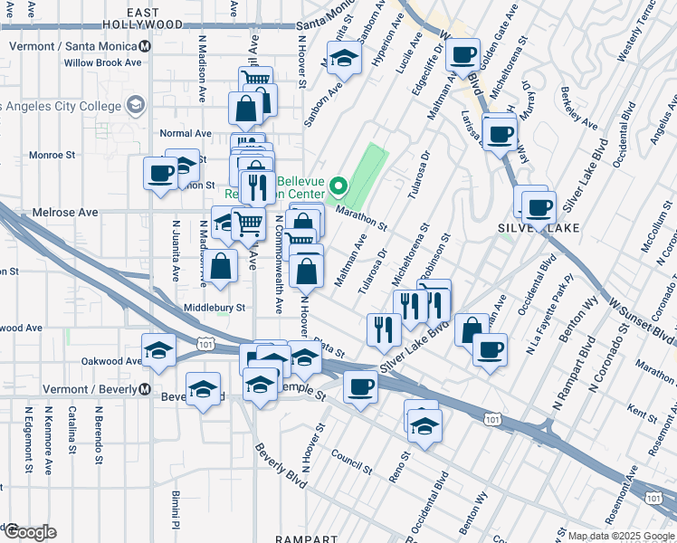 map of restaurants, bars, coffee shops, grocery stores, and more near 639 Maltman Avenue in Los Angeles
