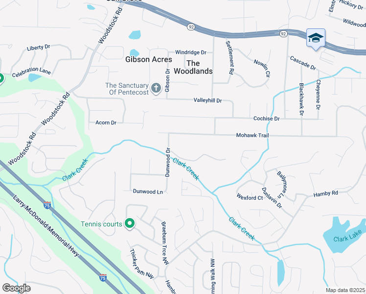 map of restaurants, bars, coffee shops, grocery stores, and more near 355 Clark Creek Pass in Acworth