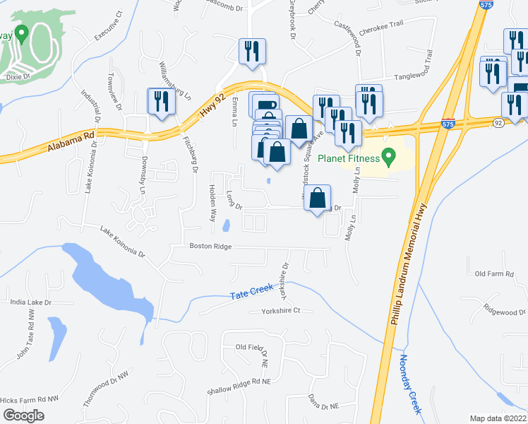 map of restaurants, bars, coffee shops, grocery stores, and more near 1000 View Drive in Woodstock
