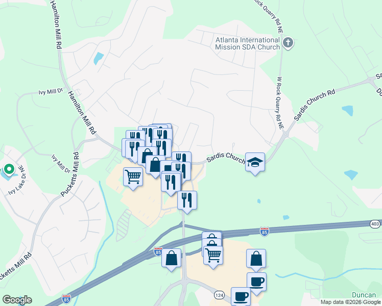 map of restaurants, bars, coffee shops, grocery stores, and more near 2714 Sardis Chase Court in Buford