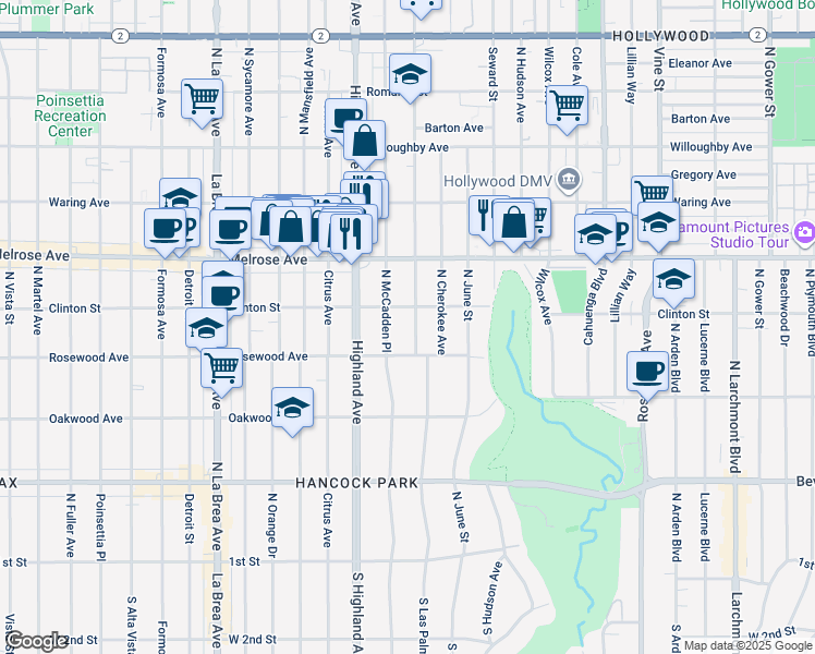 map of restaurants, bars, coffee shops, grocery stores, and more near 533 North Las Palmas Avenue in Los Angeles