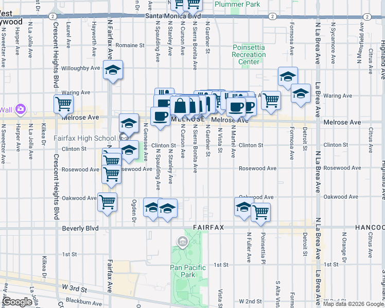 map of restaurants, bars, coffee shops, grocery stores, and more near 535 North Sierra Bonita Avenue in Los Angeles